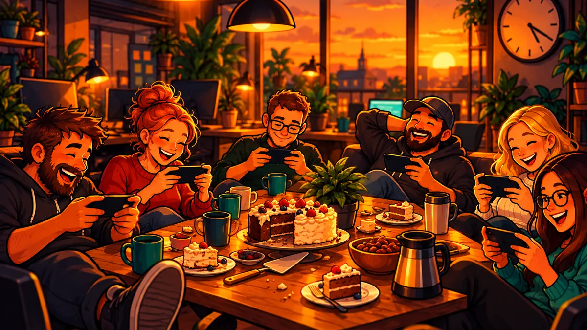 Freitagnachmittag im Büro: Team spielt mit Smartphones bei Kuchen und Kaffee