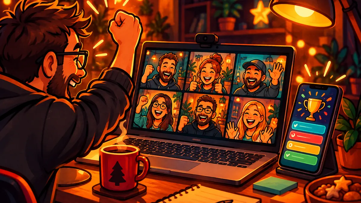 Laptop mit Videocall, daneben ein Smartphone mit Quiz, eine Person jubelt am Schreibtisch