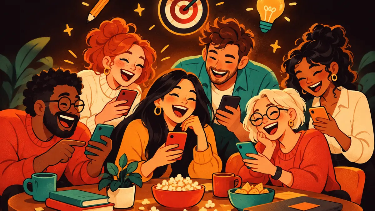Lachendes Team am Tisch mit Smartphones, darüber schweben Spielsymbole