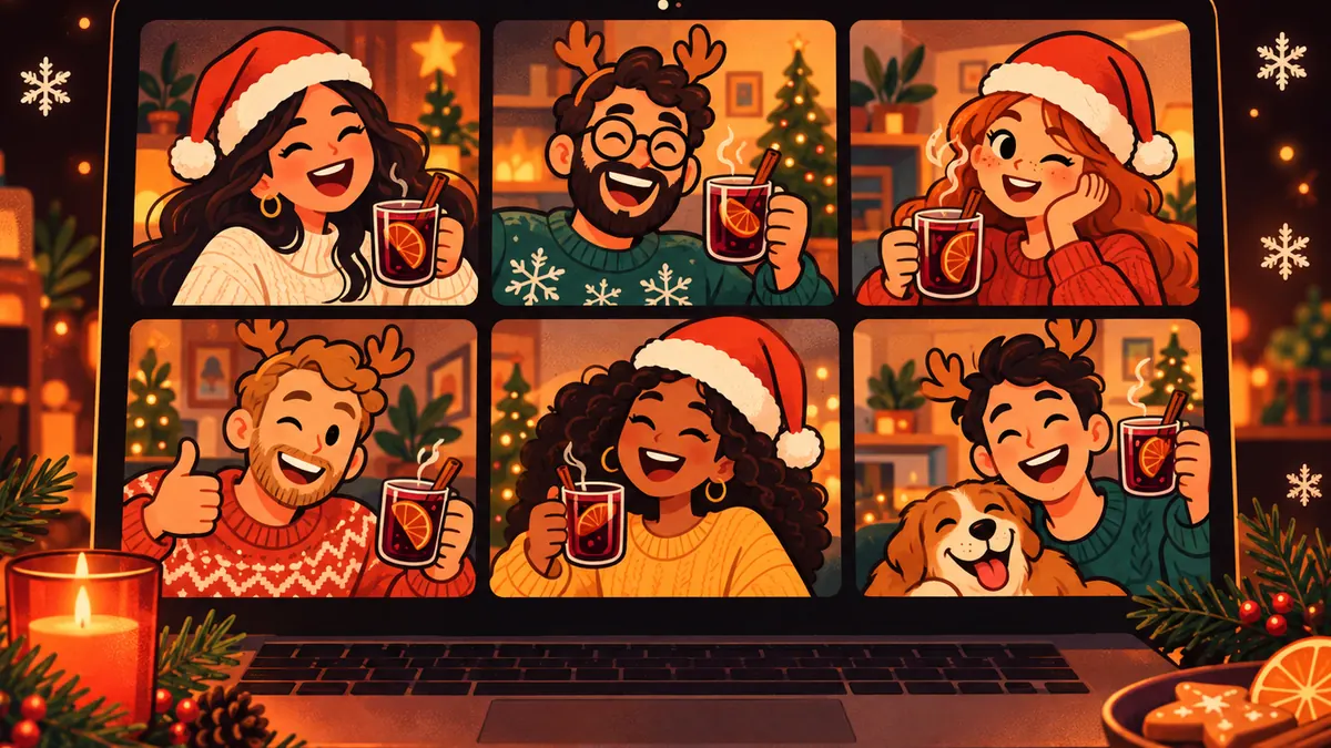 Videocall mit Kolleg*innen in Weihnachtsmützen und Rentiergeweihen, dazu Glühwein und Lichterketten