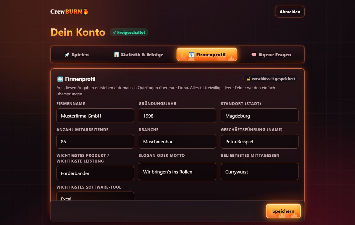 Firmenprofil im Konto mit Firmenname, Gründungsjahr, Standort und weiteren Angaben