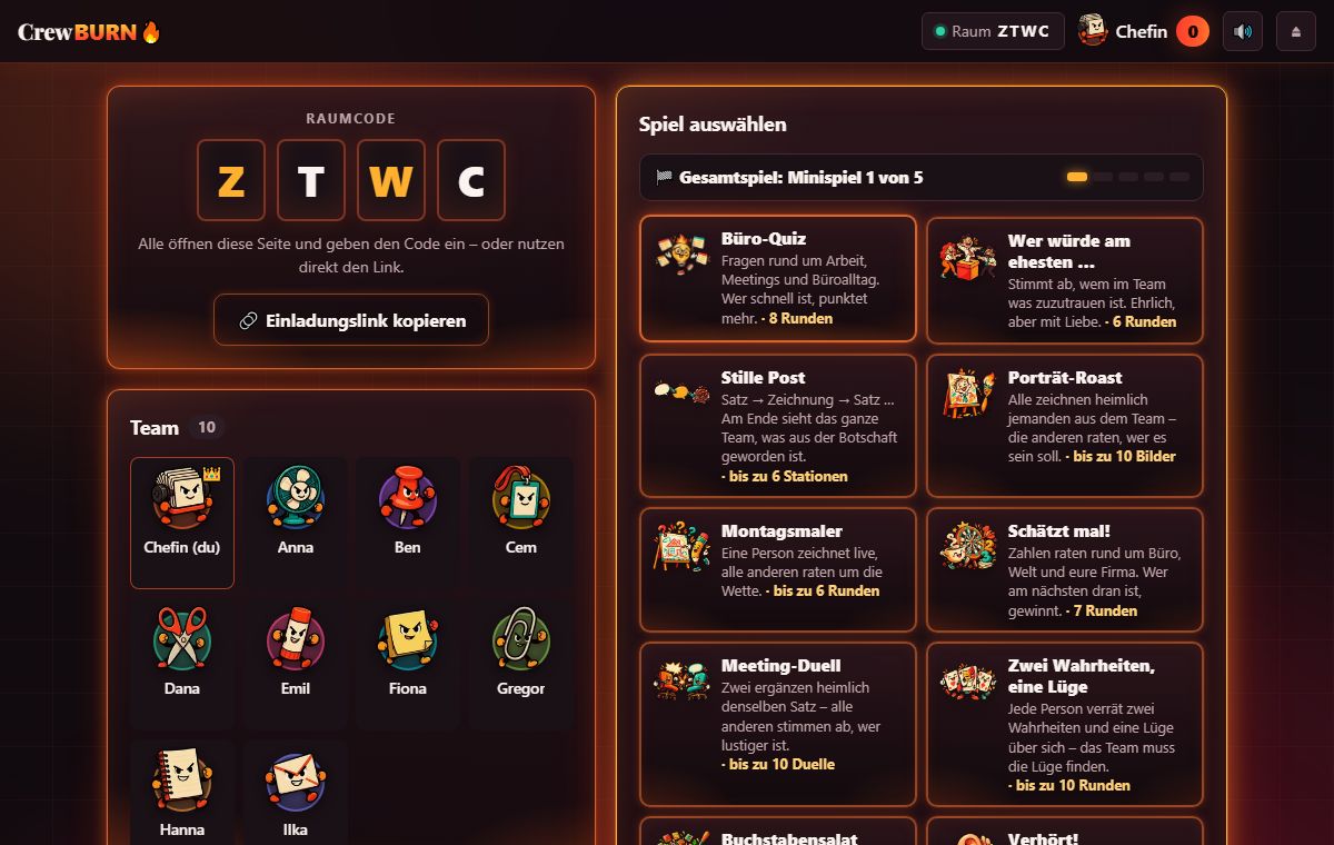 Lobby von CrewBURN mit Raumcode, Team und Auswahl der Minispiele