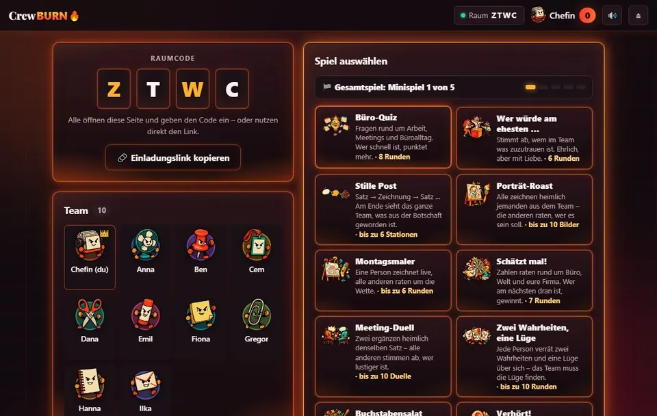 Lobby von CrewBURN mit Raumcode, Team und den zwölf Minispielen