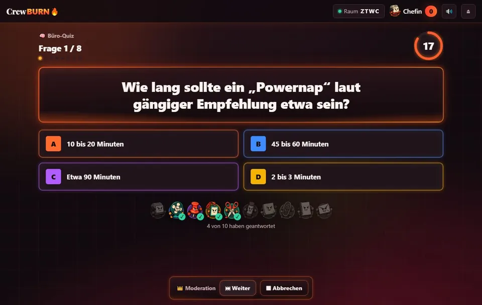 Eine Quizfrage mit vier Antworten und Countdown